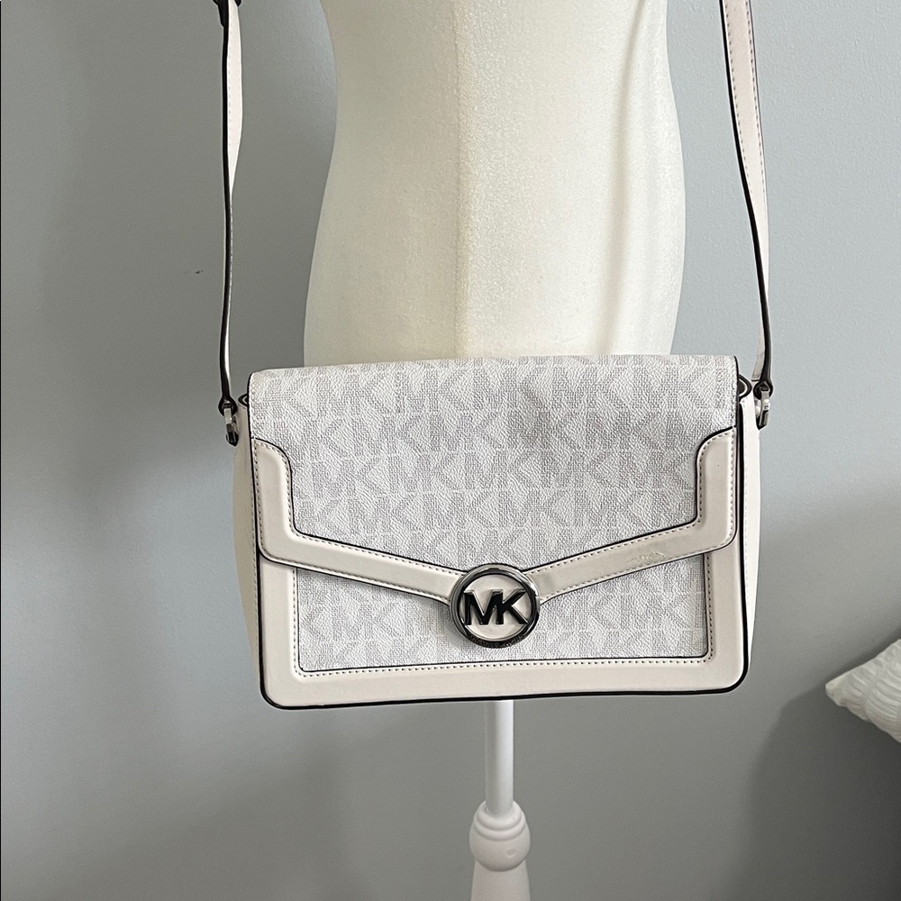 Michael Kors Ivory/White MK Logo Crossbody Bag with Silver Hardware